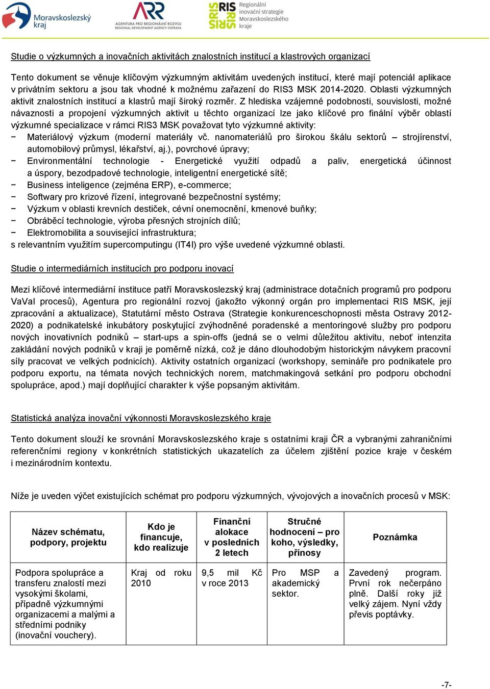 Z hlediska vzájemné podobnosti, souvislosti, možné návaznosti a propojení výzkumných aktivit u těchto organizací lze jako klíčové pro finální výběr oblastí výzkumné specializace v rámci RIS3 MSK