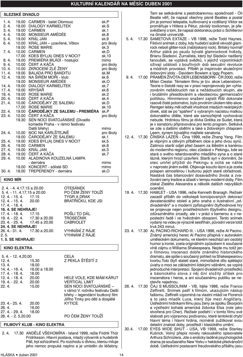 4. 10.00 ZKROCENÍ ZLÉ ŽENY pr škly 11. 4. 19.00 BALADA PRO BANDITU sk.m 12. 4. 18.00 NA ŠIRÉM MOŘI - klub sk.6 19.00 MONSIEUR AMÉDÉE sk.o 14. 4. 19.00 DIALOGY KARMELITEK sk.7 17. 4. 19.00 KRYSAŘ sk.