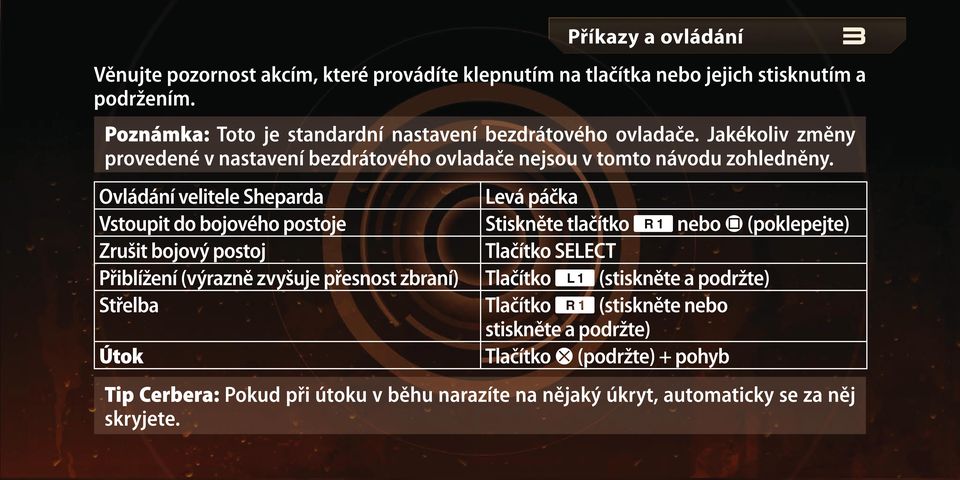 Ovládání velitele Sheparda Vstoupit do bojového postoje Zrušit bojový postoj Přiblížení (výrazně zvyšuje přesnost zbraní) Střelba Útok Levá páčka Stiskněte tlačítko E