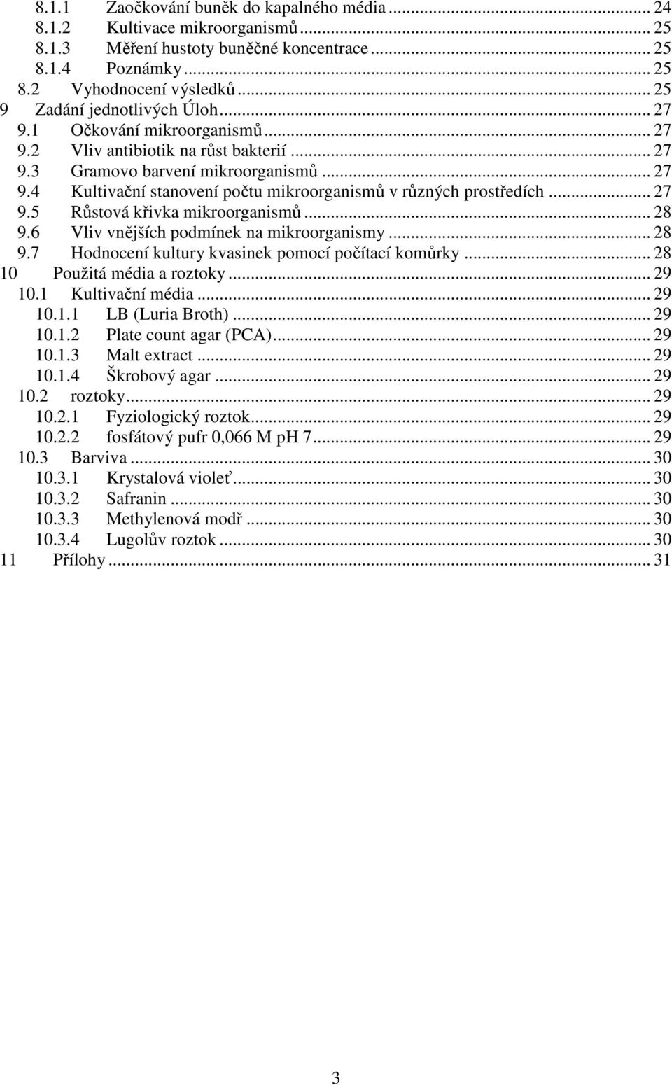 .. 27 9.5 Růstová křivka mikroorganismů... 28 9.6 Vliv vnějších podmínek na mikroorganismy... 28 9.7 Hodnocení kultury kvasinek pomocí počítací komůrky... 28 10 Použitá média a roztoky... 29 10.