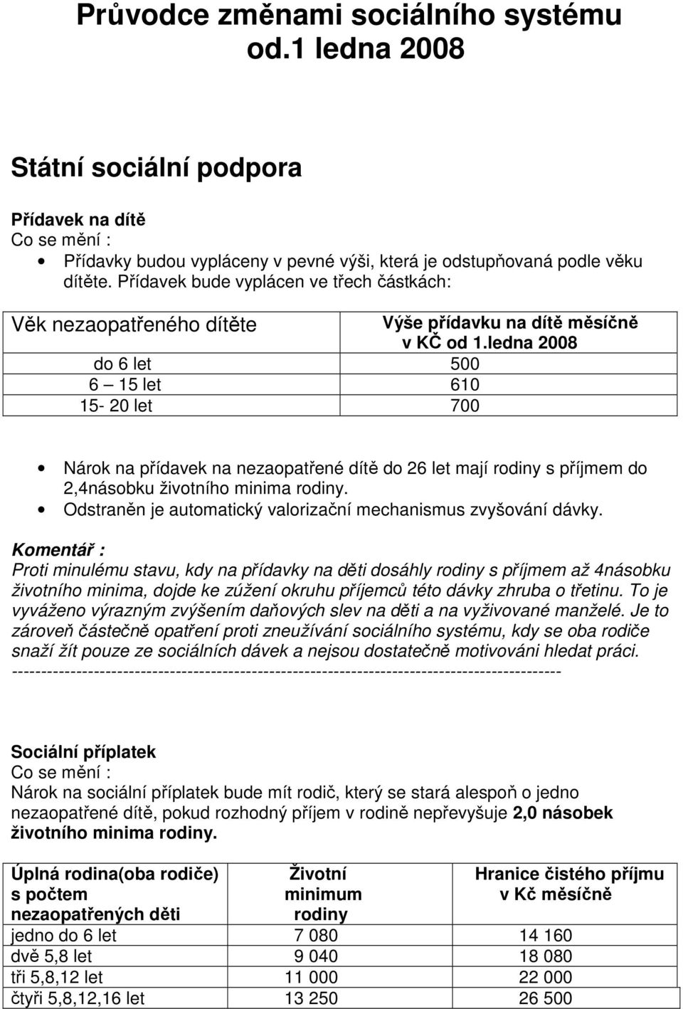 ledna 2008 do 6 let 500 6 15 let 610 15-20 let 700 Nárok na přídavek na nezaopatřené dítě do 26 let mají rodiny s příjmem do 2,4násobku životního minima rodiny.