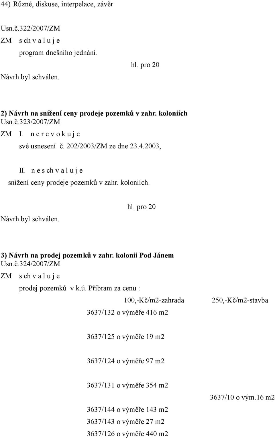 pro 20 3) Návrh na prodej pozemků v zahr. kolonii Pod Jánem Usn.č.324/2007/ZM prodej pozemků v k.ú.