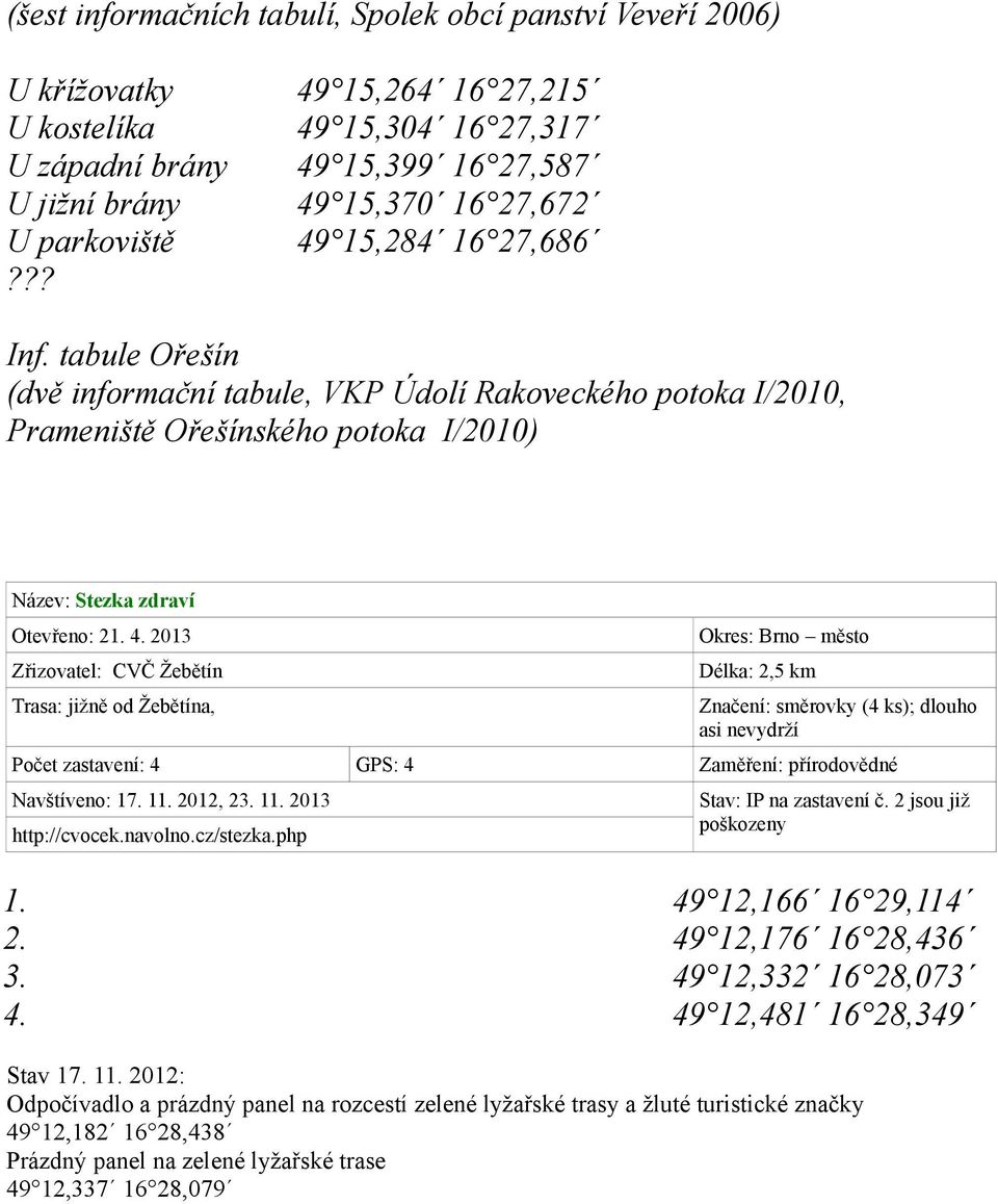 11. 2012, 23. 11. 2013 http://cvocek.navolno.cz/stezka.php Stav: IP na zastavení č. 2 jsou již poškozeny 1. 49 12,166 16 29,114 2. 49 12,176 16 28,436 3. 49 12,332 16 28,073 4.