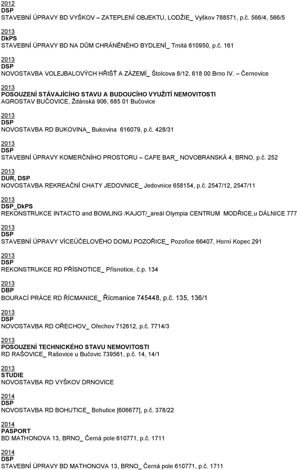 č. 252 DUR, NOVOSTAVBA REKREAČNÍ CHATY JEDOVNICE_ Jedovnice 658154, p.č. 2547/12, 2547/11 _DkPS REKONSTRUKCE INTACTO and BOWLING /KAJOT/_areál Olympia CENTRUM MODŘICE,u DÁLNICE 777 STAVEBNÍ ÚPRAVY