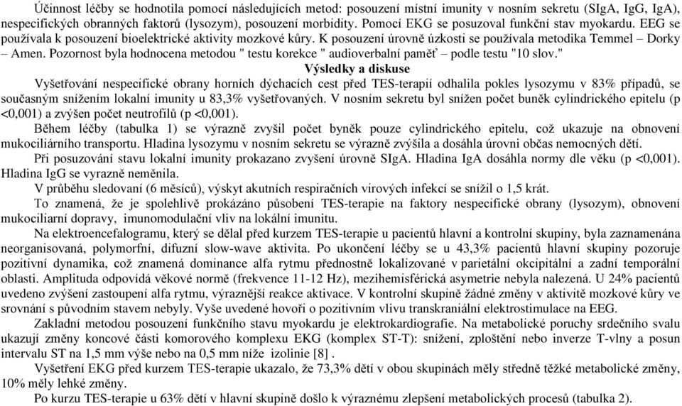 Pozornost byla hodnocena metodou " testu korekce " audioverbalní paměť podle testu "10 slov.