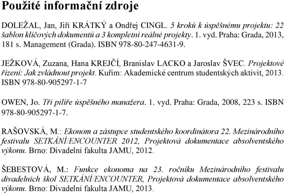 Kuřim: Akademické centrum studentských aktivit, 2013. ISBN 978-80-905297-1-7 OWEN, Jo. Tři pilíře úspěšného manažera. 1. vyd. Praha: Grada, 2008, 223 s. ISBN 978-80-905297-1-7. RAŠOVSKÁ, M.