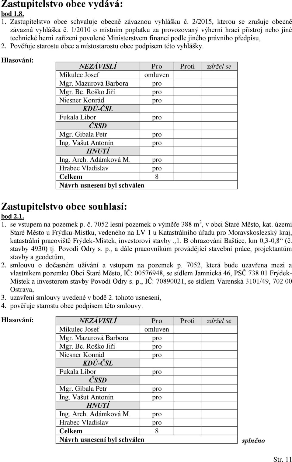 Pověřuje starostu obce a místostarostu obce podpisem této vyhlášky. Mgr. Mazurová Barbora Ing. Arch. Adámková M. Zastupitelstvo obce souhlasí: bod 2.1. 1. se vstupem na pozemek p. č.