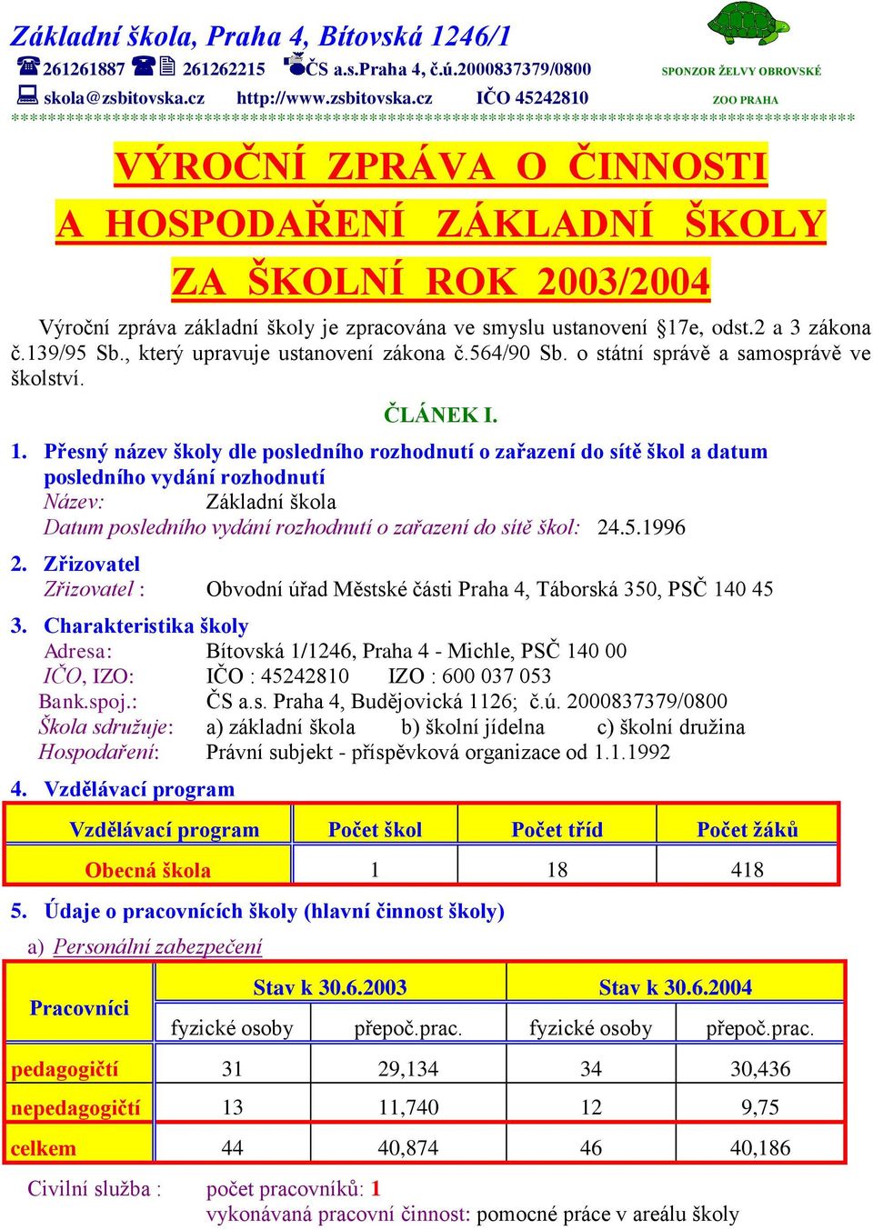 cz IČO 45242810 ZOO PRAHA ******************************************************************************************** VÝROČNÍ ZPRÁVA O ČINNOSTI A HOSPODAŘENÍ ZÁKLADNÍ ŠKOLY ZA ŠKOLNÍ ROK 2003/2004