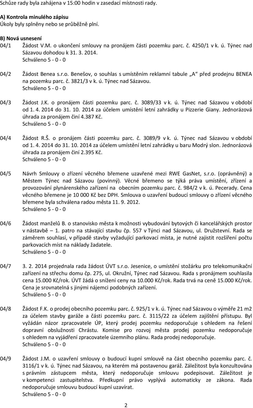 č. 3821/3 v k. ú. Týnec nad Sázavou. 04/3 Žádost J.K. o pronájem části pozemku parc. č. 3089/33 v k. ú. Týnec nad Sázavou v období od 1. 4. 2014 do 31. 10.