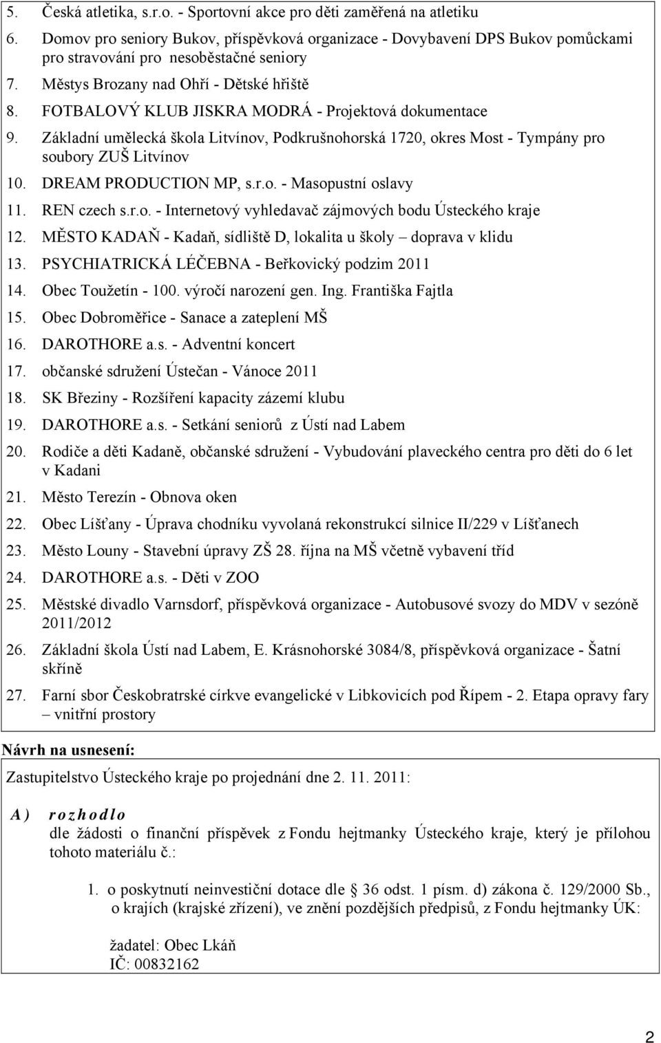 Základní umělecká škola Litvínov, Podkrušnohorská 1720, okres Most - Tympány pro soubory ZUŠ Litvínov 10. DREAM PRODUCTION MP, s.r.o. - Masopustní oslavy 11. REN czech s.r.o. - Internetový vyhledavač zájmových bodu Ústeckého kraje 12.