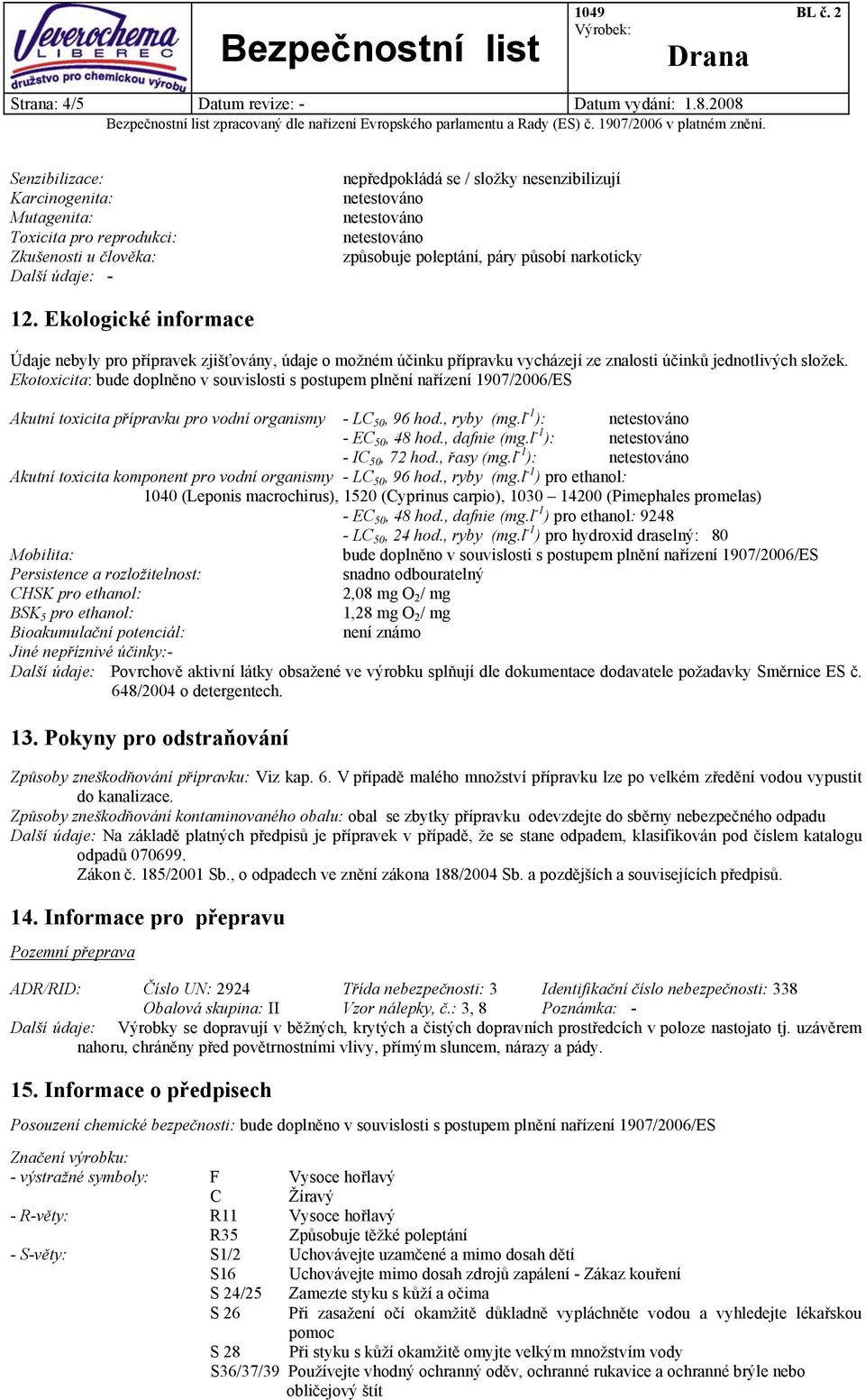 Ekologické informace Údaje nebyly pro přípravek zjišťovány, údaje o možném účinku přípravku vycházejí ze znalosti účinků jednotlivých složek.