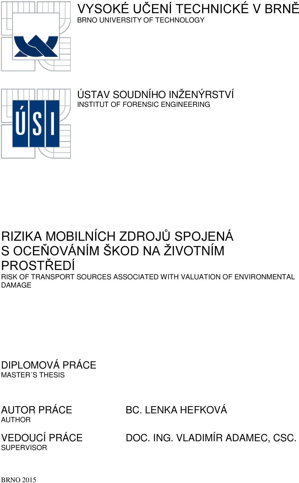 TRANSPORT SOURCES ASSOCIATED WITH VALUATION OF ENVIRONMENTAL DAMAGE DIPLOMOVÁ PRÁCE MASTER S THESIS