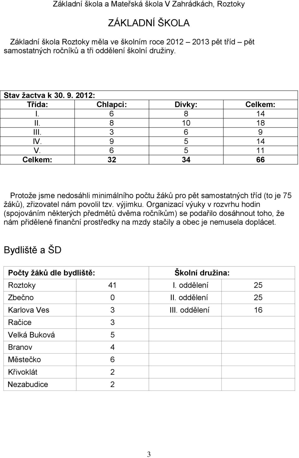 Organizací výuky v rozvrhu hodin (spojováním některých předmětů dvěma ročníkům) se podařilo dosáhnout toho, že nám přidělené finanční prostředky na mzdy stačily a obec je nemusela doplácet.