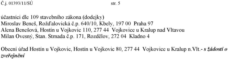 640/10, Kbely, 197 00 Praha 97 Alena Benešová, Hostín u Vojkovic 110, 277 44 Vojkovice u Kralup