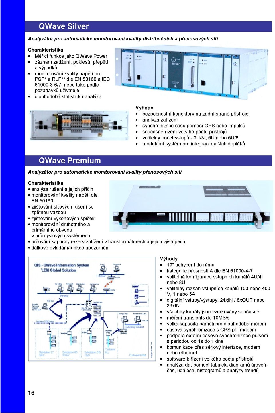zatížení synchronizace času pomocí GPS nebo impulsů současné řízení většího počtu přístrojů volitelný počet vstupů - 3U/3I, 6U nebo 6U/6I modulární systém pro integraci dalších doplňků QWave Premium