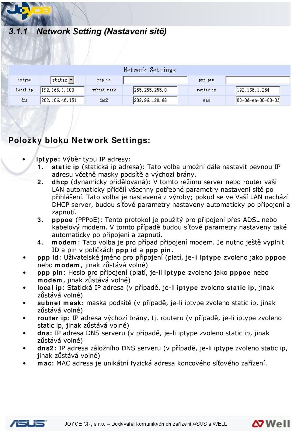 dhcp (dynamicky přidělovaná): V tomto režimu server nebo router vaší LAN automaticky přidělí všechny potřebné parametry nastavení sítě po přihlášení.