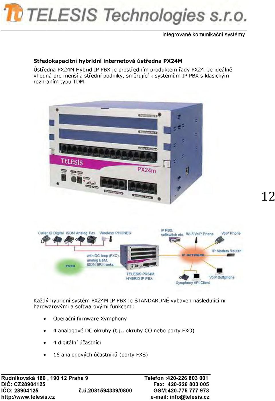 12 Každý hybridní systém PX24M IP PBX je STANDARDNĚ vybaven následujícími hardwarvými a sftwarvými funkcemi: Operační firmware Xymphny 4