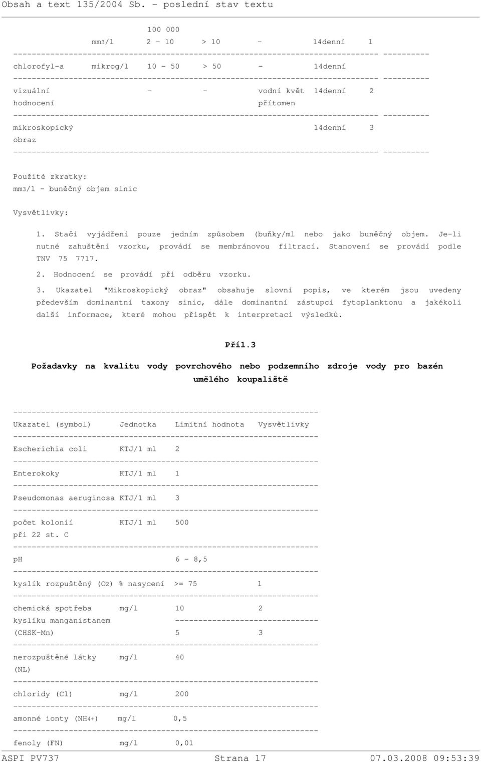 Je-li nutné zahuštění vzorku, provádí se membránovou filtrací. Stanovení se provádí podle TNV 75 7717. 2. Hodnocení se provádí při odběru vzorku. 3.