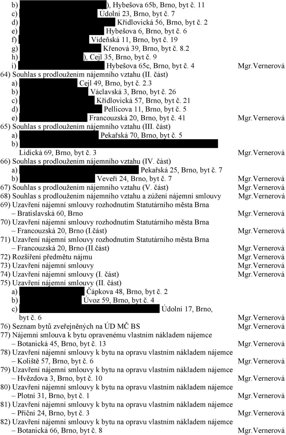 26 c) Křídlovická 57, Brno, byt č. 21 d) Pellicova 11, Brno, byt č. 5 e) Francouzská 20, Brno, byt č. 41 Mgr.Vernerová 65) Souhlas s prodloužením nájemního vztahu (III.