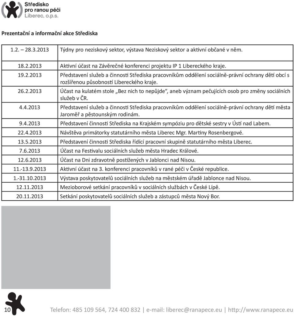 4.4.2013 Představení služeb a činnosti Střediska pracovníkům oddělení sociálně-právní ochrany dětí města Jaroměř a pěstounským rodinám. 9.4.2013 Představení činnosti Střediska na Krajském sympóziu pro dětské sestry v Ústí nad Labem.