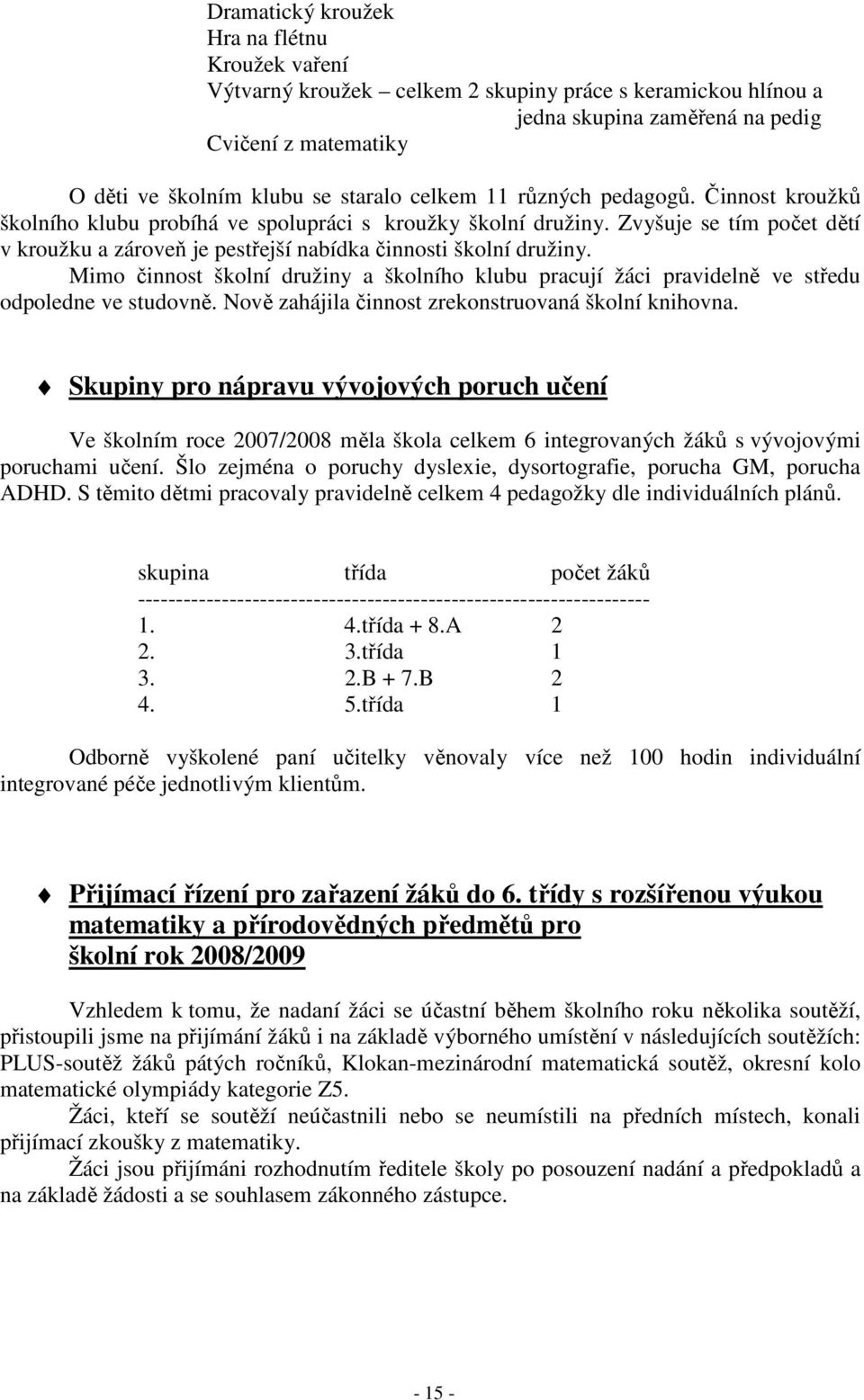 Mimo činnost školní družiny a školního klubu pracují žáci pravidelně ve středu odpoledne ve studovně. Nově zahájila činnost zrekonstruovaná školní knihovna.