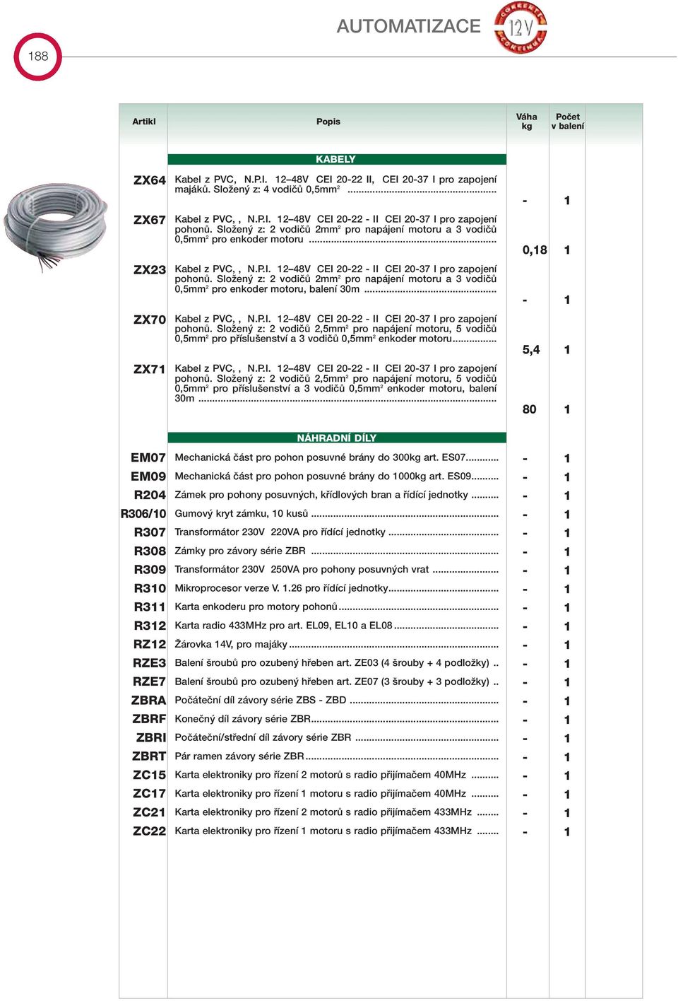 SloÏen z: 2 vodiãû 2mm 2 pro napájení motoru a 3 vodiãû 0,5mm 2 pro enkoder motoru, balení 30m... Kabel z PVC,, N.P.I. 12 48V CEI 20-22 - II CEI 20-37 I pro zapojení pohonû.