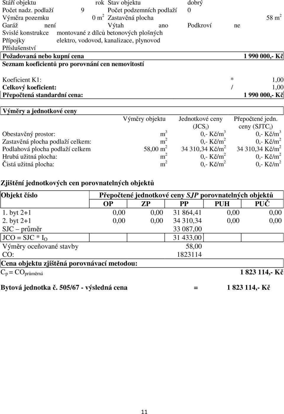 kanalizace, plynovod Příslušenství Požadovaná nebo kupní cena 1 990 000,- Kč Seznam koeficientů pro porovnání cen nemovitostí Koeficient K1: * 1,00 Celkový koeficient: / 1,00 Přepočtená standardní