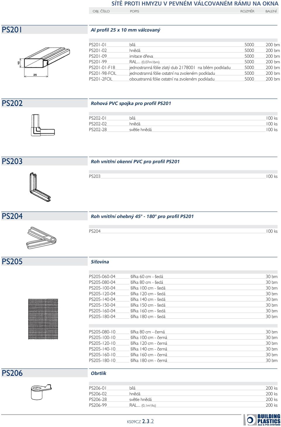 oboustranná fólie ostatní na zvoleném podkladu 5000 200 bm PS202 Rohová PVC spojka pro profil PS201 PS202-01 bílá 100 ks PS202-02 hnědá 100 ks PS202-28 světle hnědá 100 ks PS203 Roh vnitřní okenní