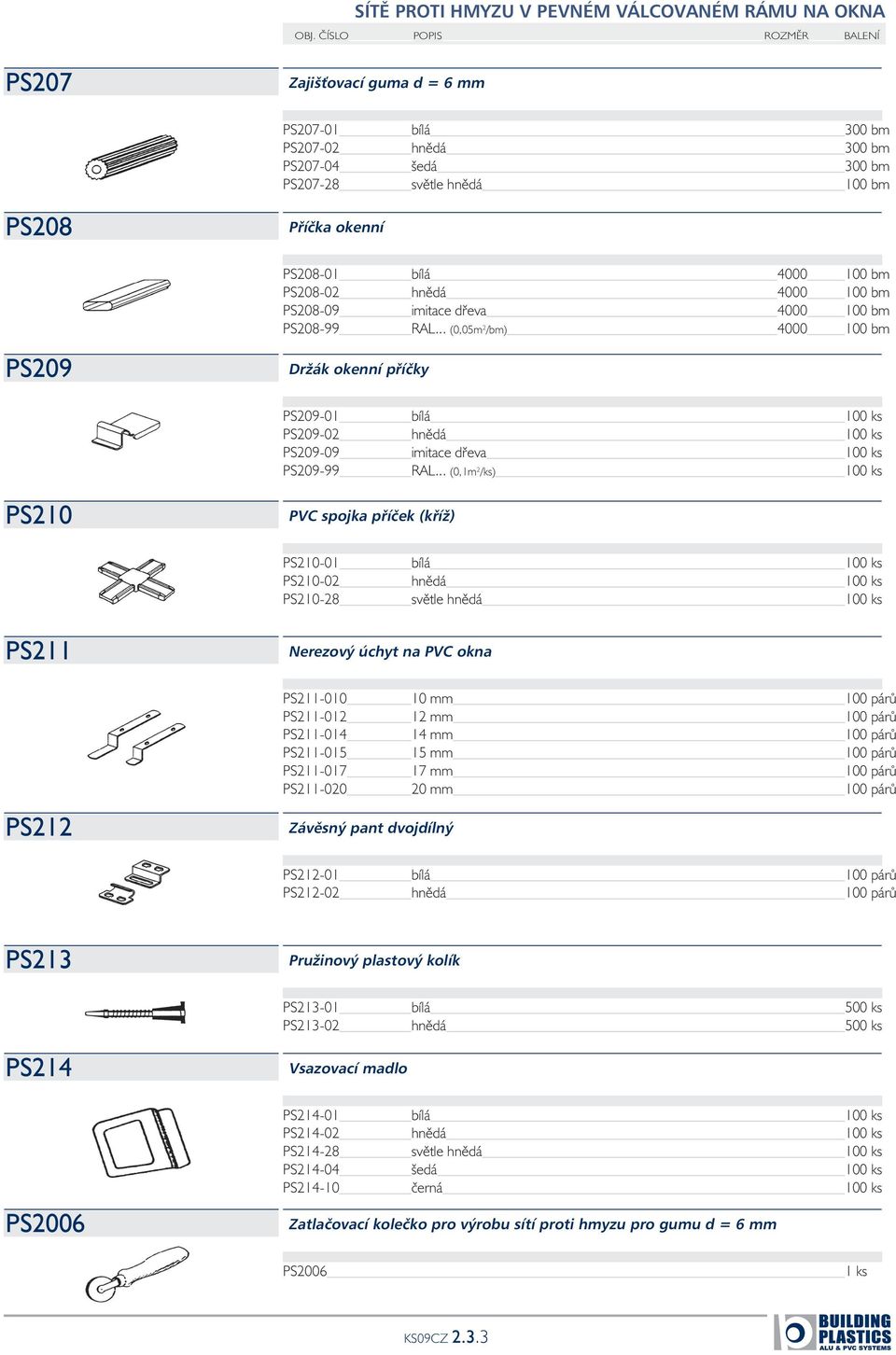 .. (0,05m 2 /bm) 4000 100 bm PS209 Držák okenní příčky PS209-01 bílá 100 ks PS209-02 hnědá 100 ks PS209-09 imitace dřeva 100 ks PS209-99 RAL.