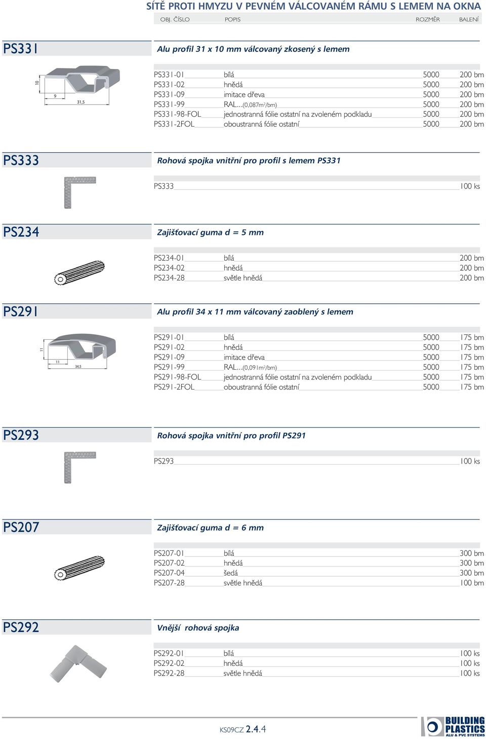 ..(0,087m 2 /bm) 5000 200 bm PS331-98-FOL jednostranná fólie ostatní na zvoleném podkladu 5000 200 bm PS331-2FOL oboustranná fólie ostatní 5000 200 bm PS333 Rohová spojka vnitřní pro profil s lemem