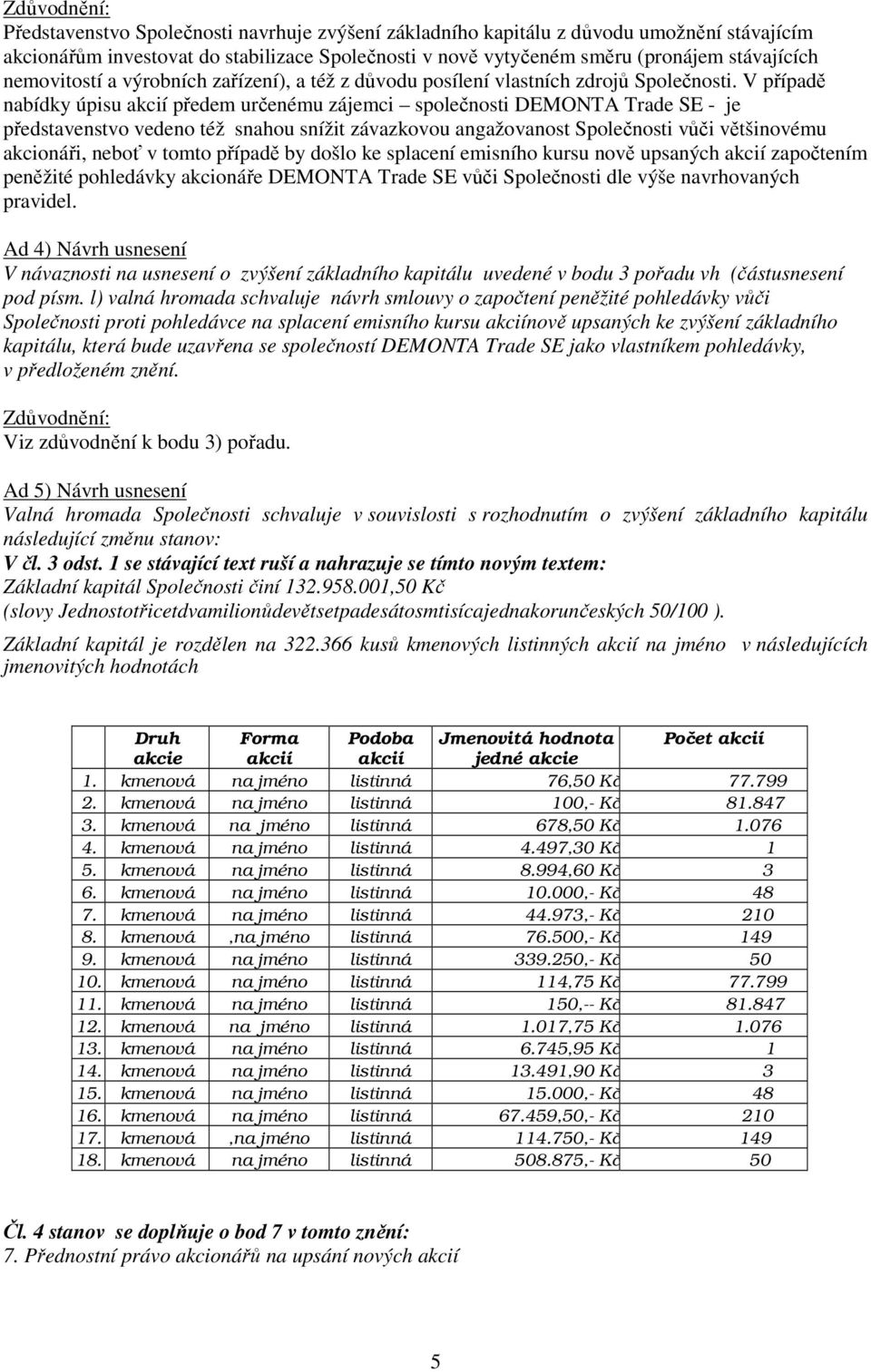 V případě nabídky úpisu akcií předem určenému zájemci společnosti DEMONTA Trade SE - je představenstvo vedeno též snahou snížit závazkovou angažovanost Společnosti vůči většinovému akcionáři, neboť v