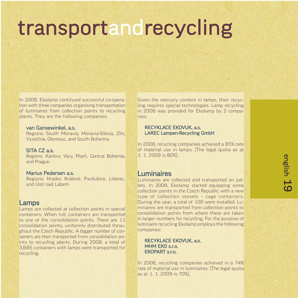 s. Regions: South Moravia, Moravia-Silesia, Zlín, Vysočina, Olomouc, and South Bohemia SITA CZ a.s. Regions: Karlovy Vary, Plzeň, Central Bohemia, and Prague. Marius Pedersen a.s. Regions: Hradec Králové, Pardubice, Liberec, and Ústí nad Labem Lamps Lamps are collected at collection points in special containers.