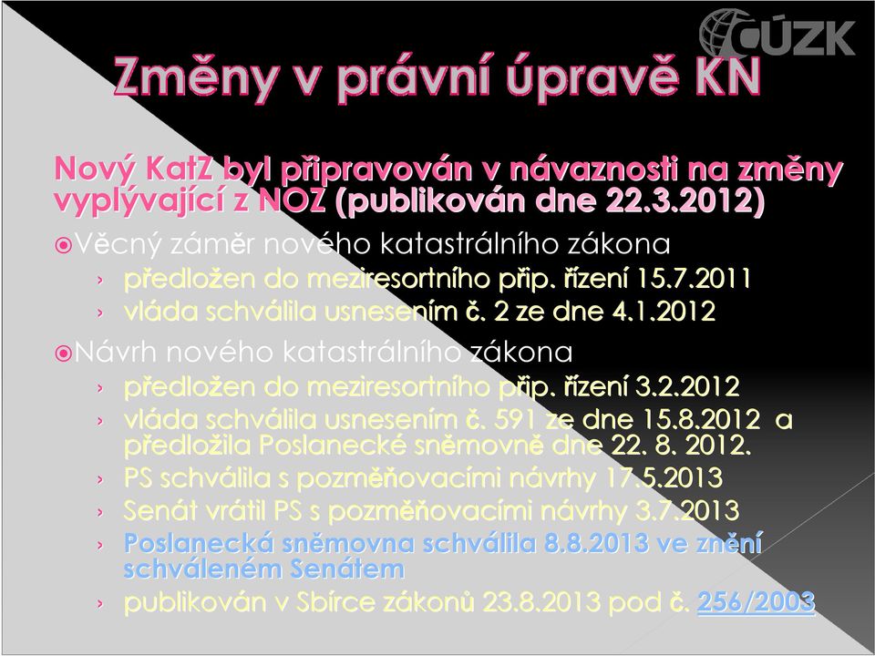 p řízení 3.2.2012 vláda schválila usnesením č.. 591 ze dne 15.8.2012 a předložila Poslanecké sněmovn movně dne 22. 8. 2012. PS schválila s pozměň ěňovacími návrhy n 17.5.2013 Senát t vrátil PS s pozměň ěňovacími návrhy n 3.