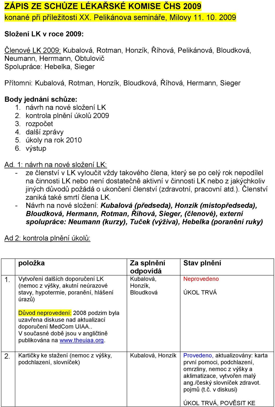 Bloudková, Říhová, Hermann, Sieger Body jednání schůze: 1. návrh na nové sloţení LK 2. kontrola plnění úkolů 2009 3. rozpočet 4. další zprávy 5. úkoly na rok 2010 6. výstup Ad.