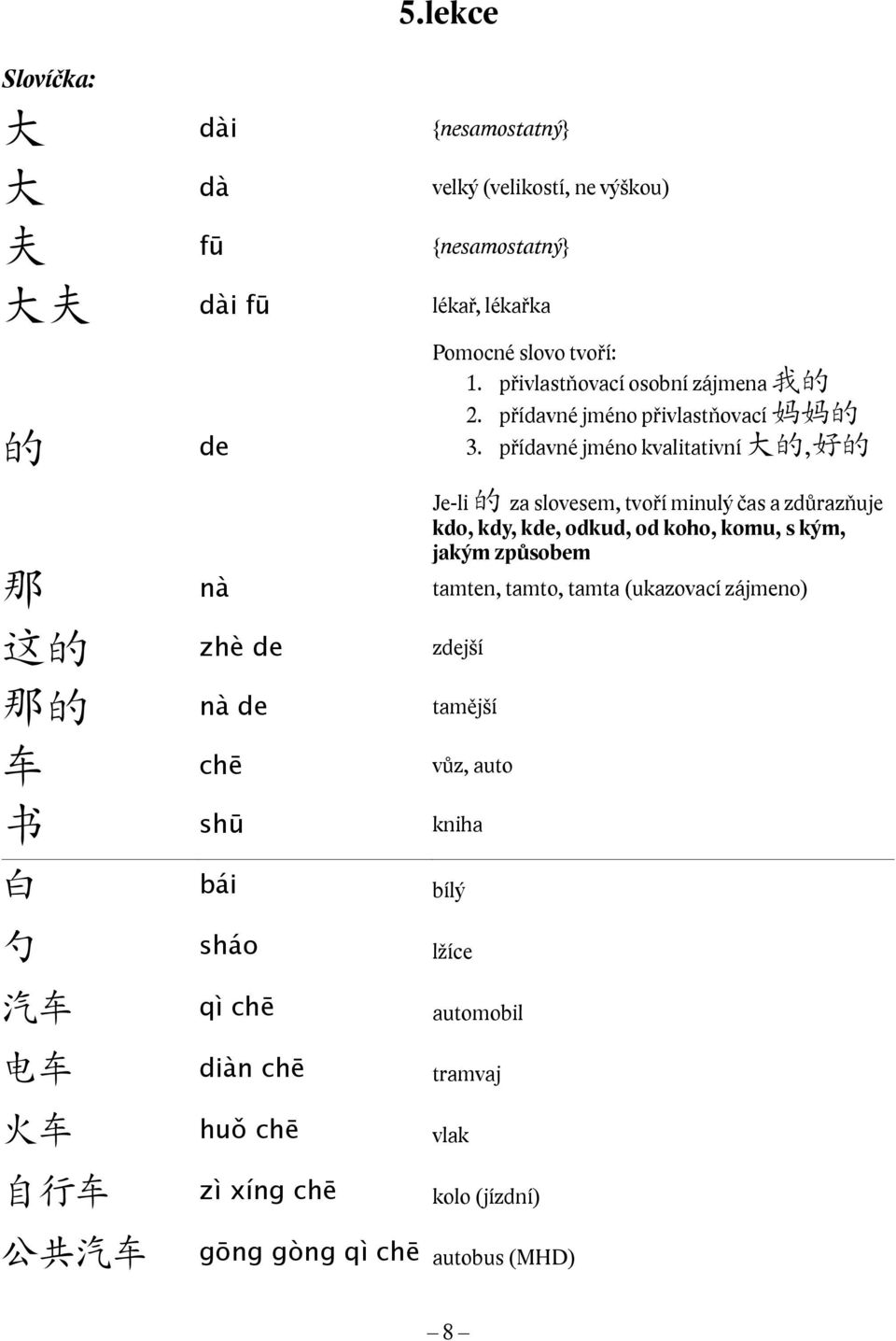 přídavné jméno kvalitativní 大 的, 好 的 Je-li 的 za slovesem, tvoří minulý čas a zdůrazňuje kdo, kdy, kde, odkud, od koho, komu, s kým, jakým způsobem 那 nà