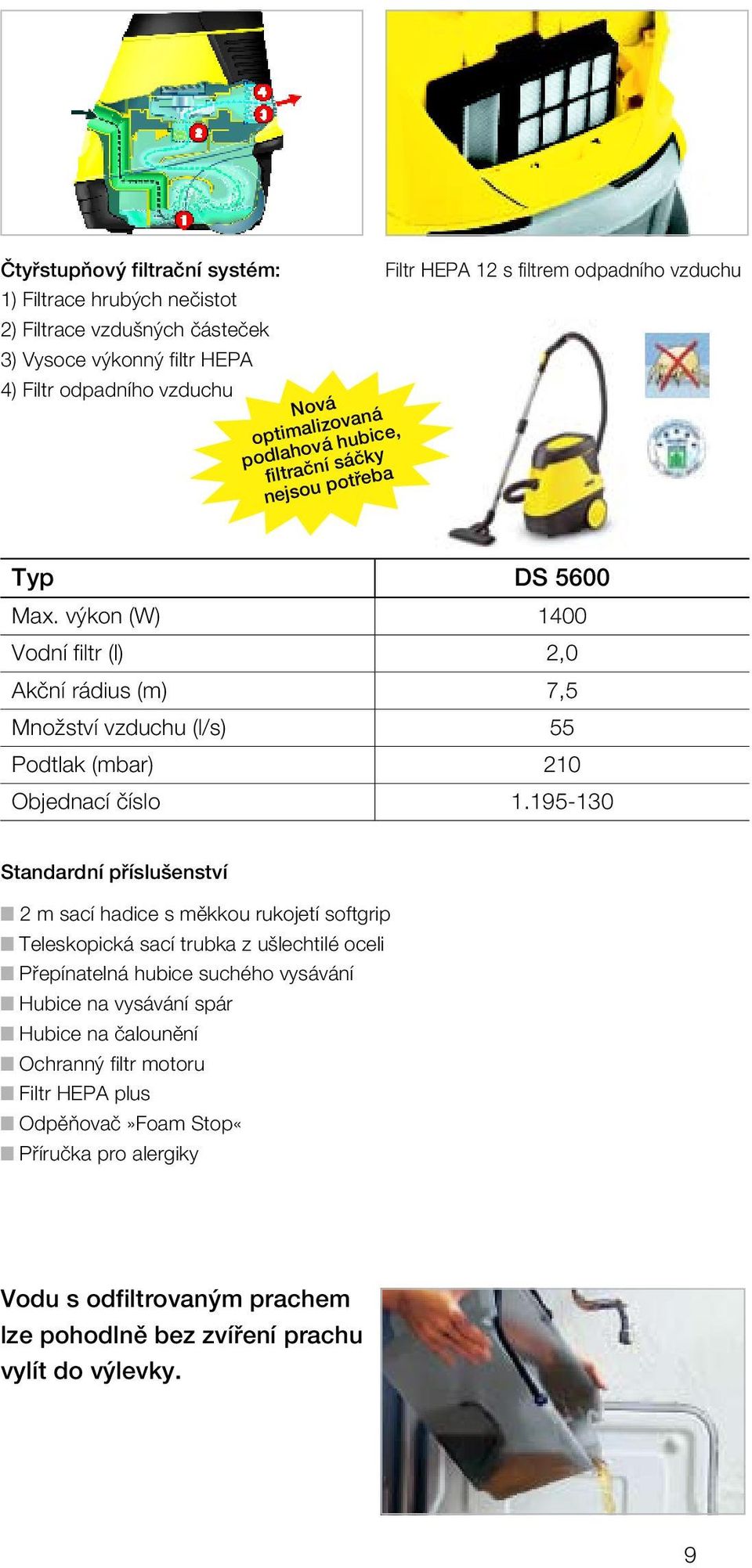 výkon (W) 1400 Vodní filtr (l) 2,0 Akční rádius (m) 7,5 Množství vzduchu (l/s) 55 Podtlak (mbar) 210 Objednací číslo 1.