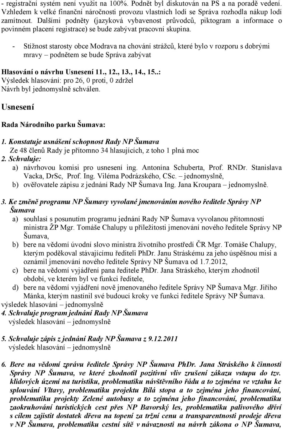 - Stížnost starosty obce Modrava na chování strážců, které bylo v rozporu s dobrými mravy podnětem se bude Správa zabývat Hlasování o návrhu Usnesení 11., 12., 13., 14., 15.