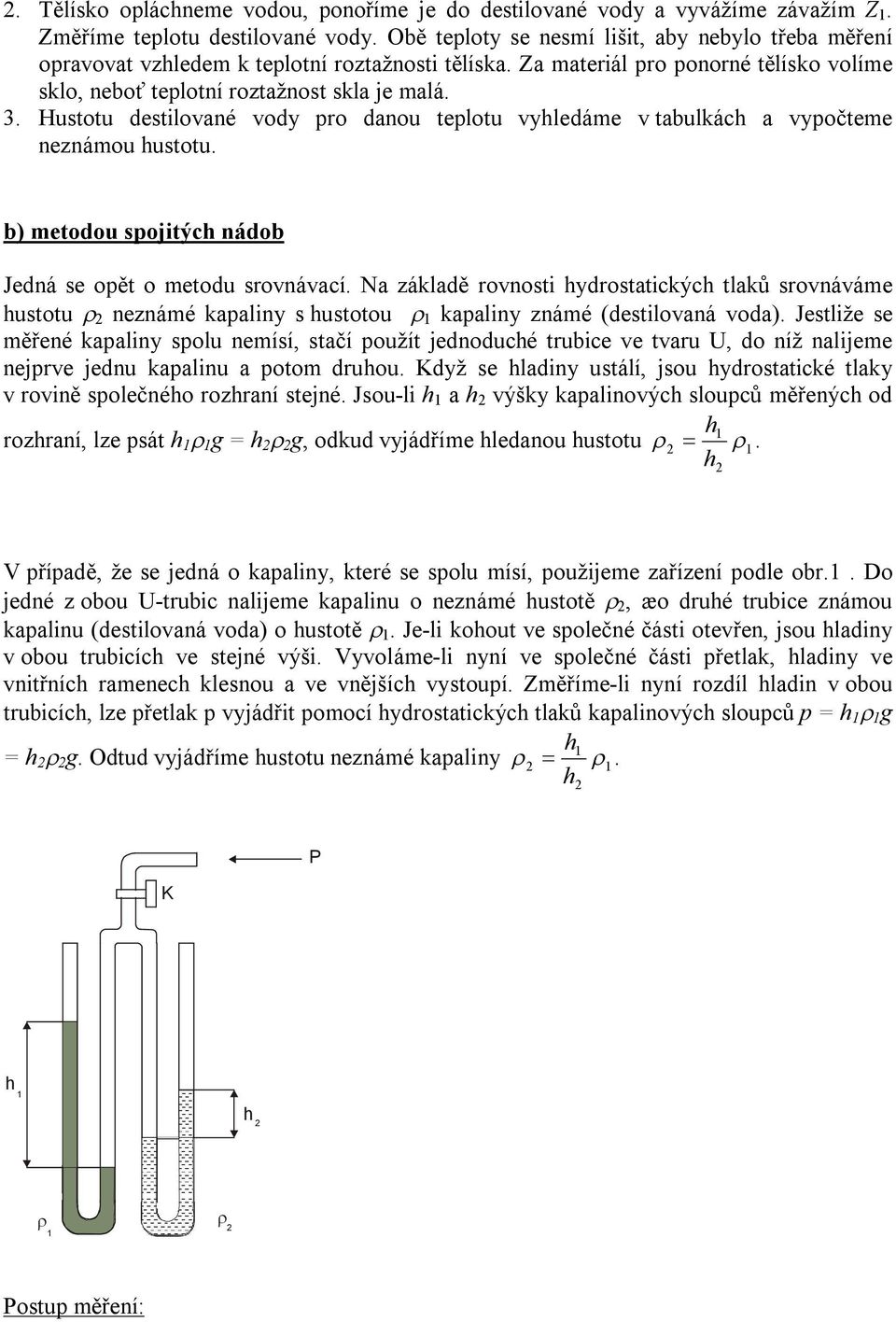 b) metdu spjitých nádb Jedná se pět metdu srvnávací. Na základě rvnsti hydrstatických tlaků srvnáváme husttu r neznámé kapaliny s husttu r kapaliny známé (destilvaná vda).