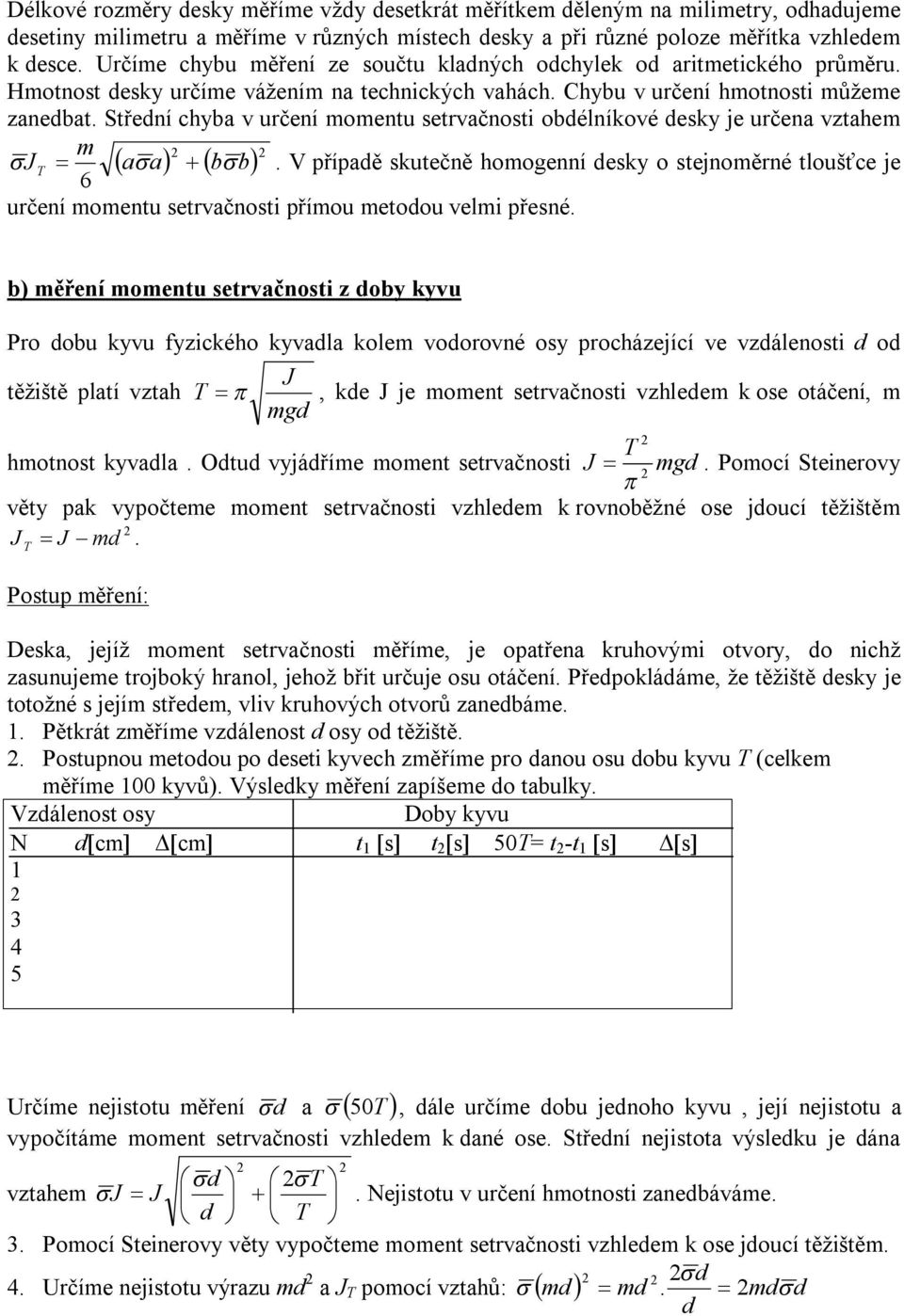 Střední chyba v určení mmentu setrvačnsti bdélníkvé desky je určena vztahem m s J ( a a) ( b b) = s + s.