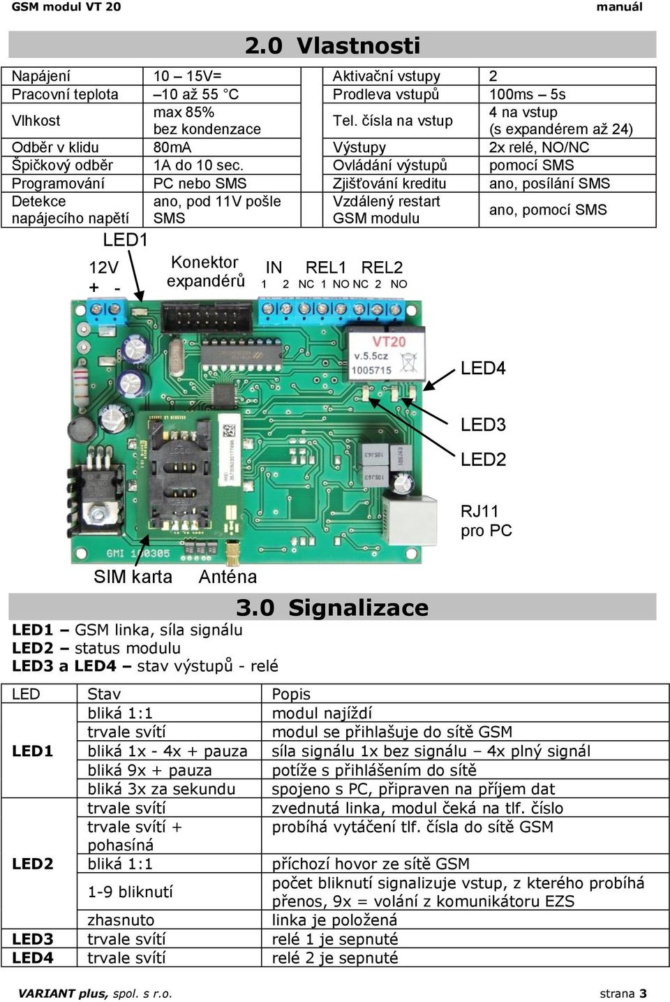 Ovládání výstupů pomocí SMS Programování PC nebo SMS Zjišťování kreditu ano, posílání SMS Detekce napájecího napětí LED1 12V + - ano, pod 11V pošle SMS Konektor expandérů IN Vzdálený restart GSM