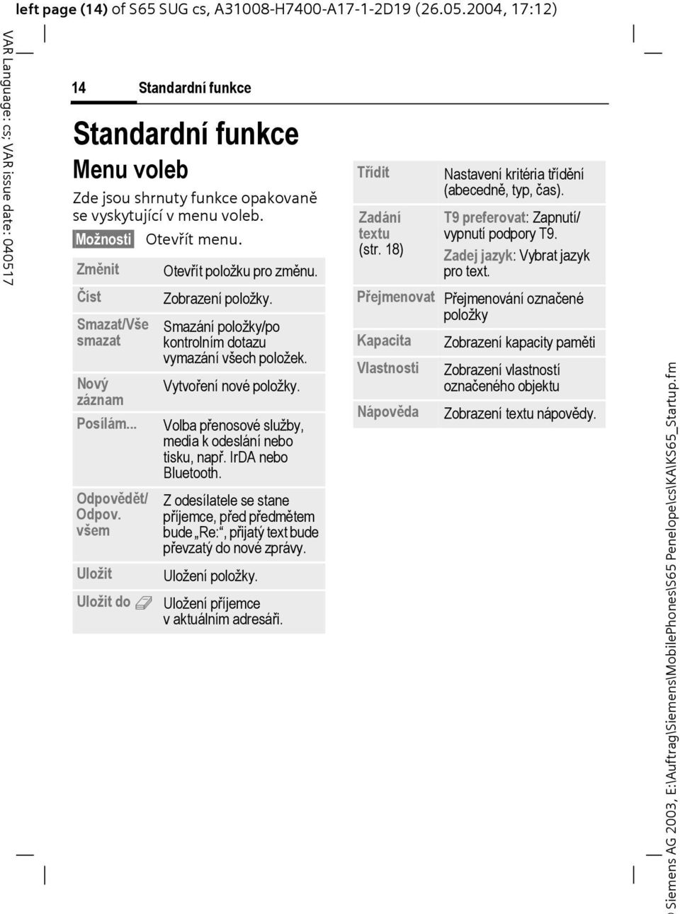 Smazání položky/po kontrolním dotazu vymazání všech položek. Vytvoření nové položky. Volba přenosové služby, media k odeslání nebo tisku, např. IrDA nebo Bluetooth.