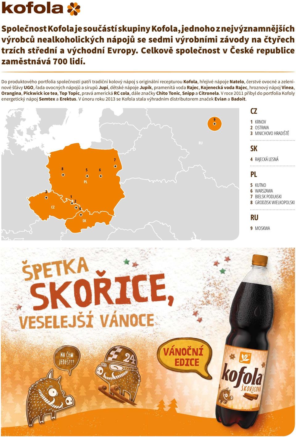 Do produktového portfolia společnosti patří tradiční kolový nápoj s originální recepturou Kofola, hřejivé nápoje Natelo, čerstvé ovocné a zeleninové šťávy UGO, řada ovocných nápojů a sirupů Jupí,