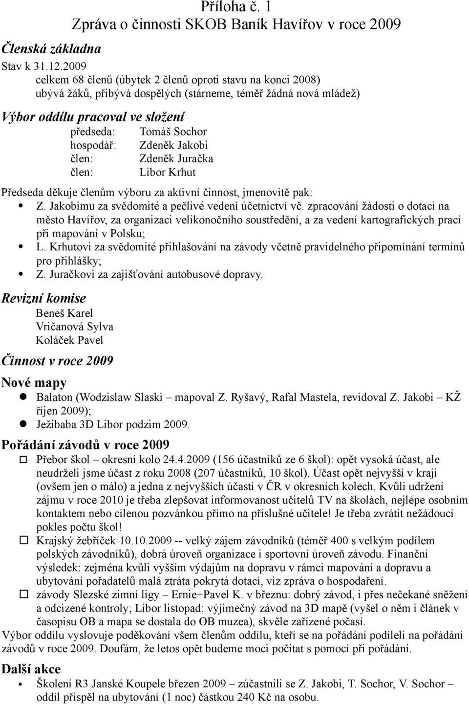 Zdeněk Jakobi člen: Zdeněk Juračka člen: Libor Krhut Předseda děkuje členům výboru za aktivní činnost, jmenovitě pak: Z. Jakobimu za svědomité a pečlivé vedení účetnictví vč.