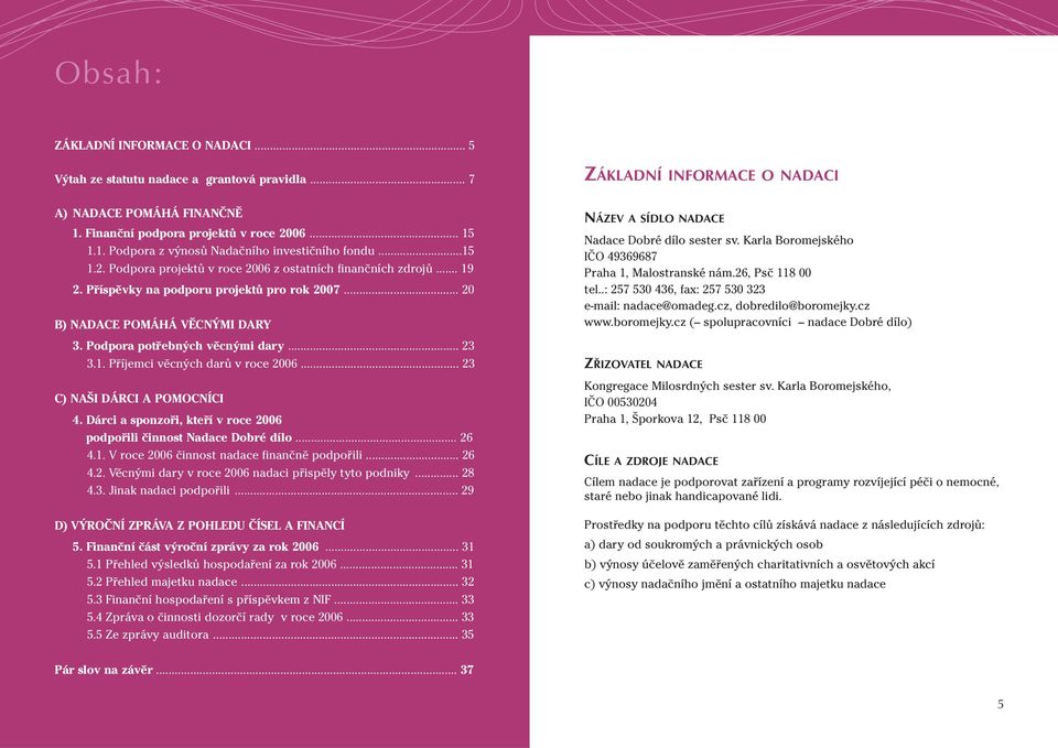 1. Příjemci věcných darů v roce 2006... 23 C) NAŠI DÁRCI A POMOCNÍCI 4. Dárci a sponzoři, kteří v roce 2006 podpořili činnost Nadace Dobré dílo... 26 4.1. V roce 2006 činnost nadace finančně podpořili.