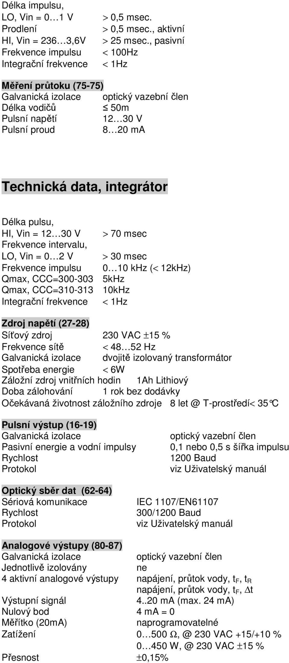 30 V > 70 msec Frekvence intervalu, LO, Vin = 0 2 V > 30 msec Frekvence impulsu 0 10 khz (< 12kHz) Qmax, CCC=300-303 5kHz Qmax, CCC=310-313 10kHz Integrační frekvence < 1Hz Zdroj napětí (27-28)