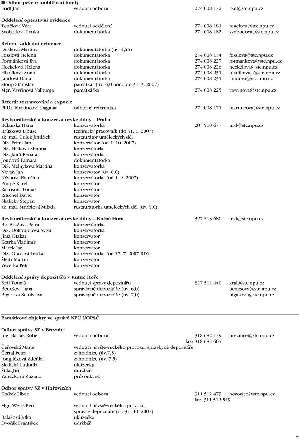 npu.cz Hladíková Soňa dokumentátorka 274 008 231 hladikova.s@stc.npu.cz Jandová Dana dokumentátorka 274 008 231 jandova@stc.npu.cz Sloup Stanislav památkář (úv. 6,0 hod., do 31. 3. 2007) Mgr.