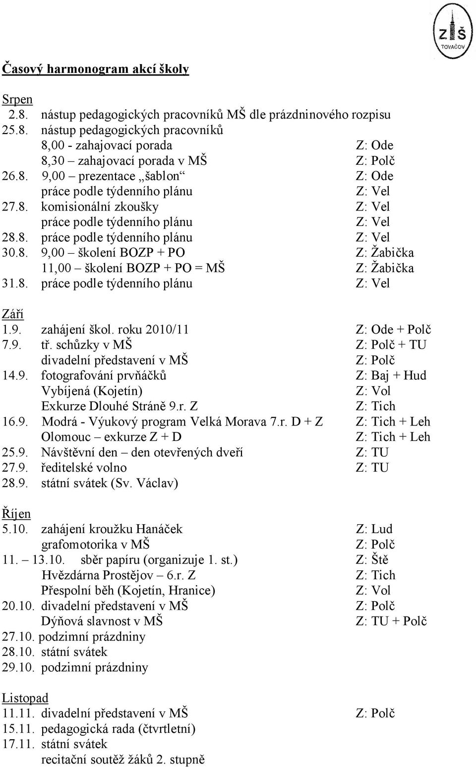 8. práce podle týdenního plánu Z: Vel Září 1.9. zahájení škol. roku 2010/11 Z: Ode + Polč 7.9. tř. schůzky v MŠ + TU divadelní představení v MŠ 14.9. fotografování prvňáčků Z: Baj + Hud Vybíjená (Kojetín) Exkurze Dlouhé Stráně 9.