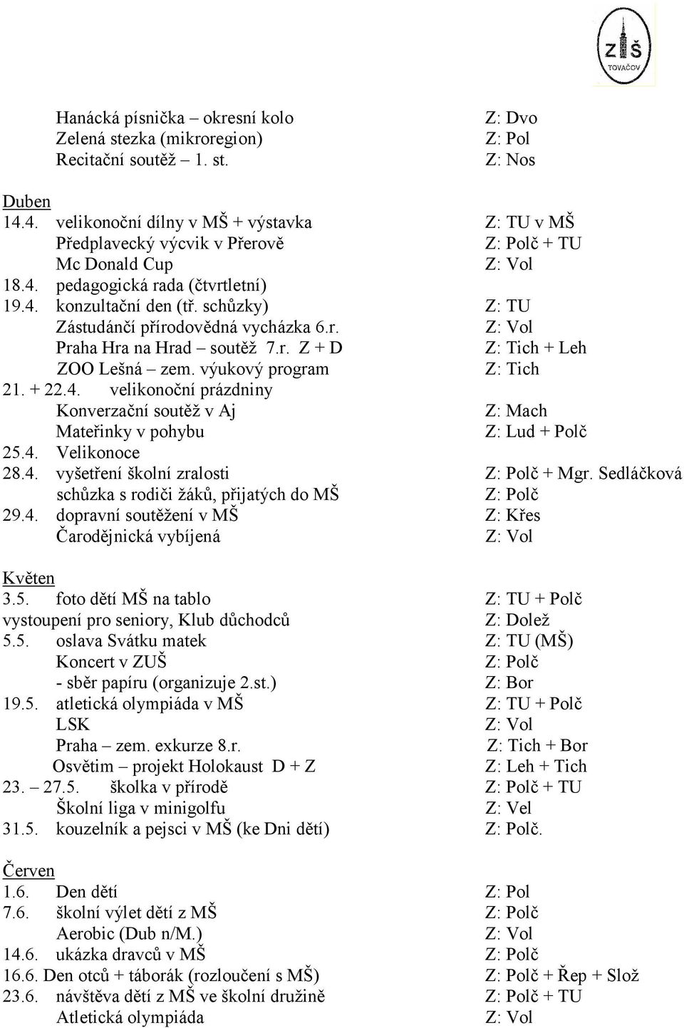 schůzky) Z: TU Zástudánčí přírodovědná vycházka 6.r. Praha Hra na Hrad soutěž 7.r. Z + D Z: Tich + Leh ZOO Lešná zem. výukový program Z: Tich 21. + 22.4.