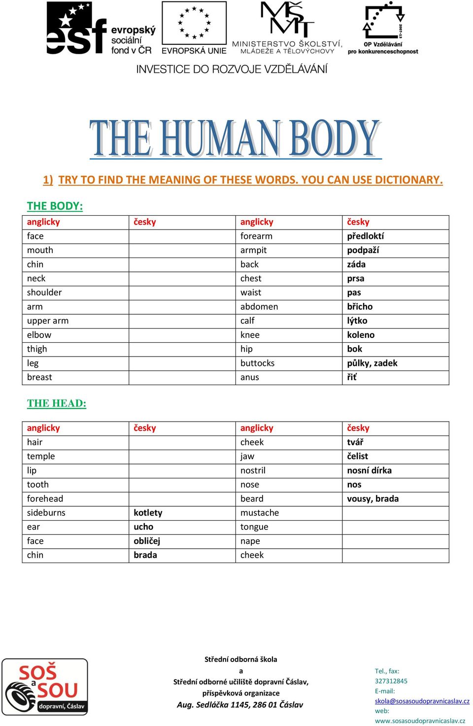 knee koleno thigh hip bok leg buttocks půlky, zdek brest nus řiť THE HEAD: hir cheek tvář temple jw čelist lip nostril nosní dírk tooth