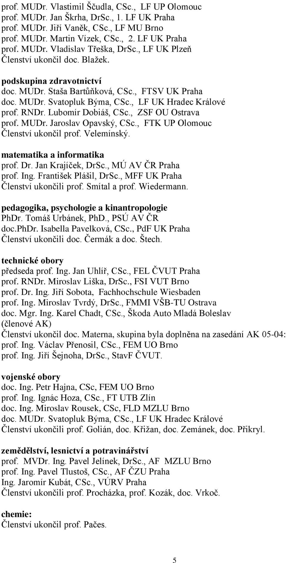 Lubomír Dobiáš, CSc., ZSF OU Ostrava prof. MUDr. Jaroslav Opavský, CSc., FTK UP Olomouc Členství ukončil prof. Velemínský. matematika a informatika prof. Dr. Jan Krajíček, DrSc., MÚ AV ČR Praha prof.